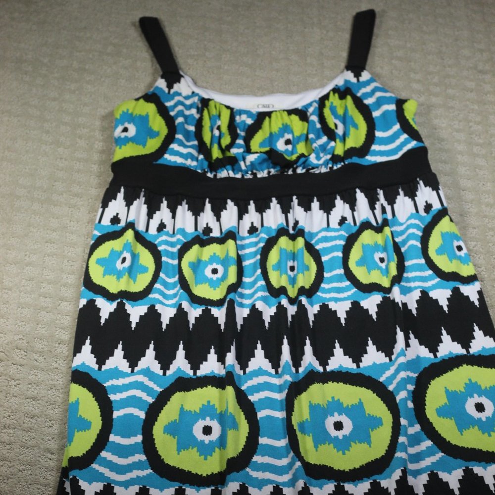 Cato Size L Vibrant Black, Chartreuse and Teal Patterned Dress